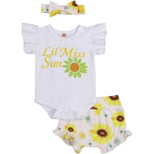 2021-04-22 Lioraitiin 3Pcs Set 0-18M Newborn Baby Girls Clothes White Round Collar Fly Sleeves Romper Shorts and Headdress