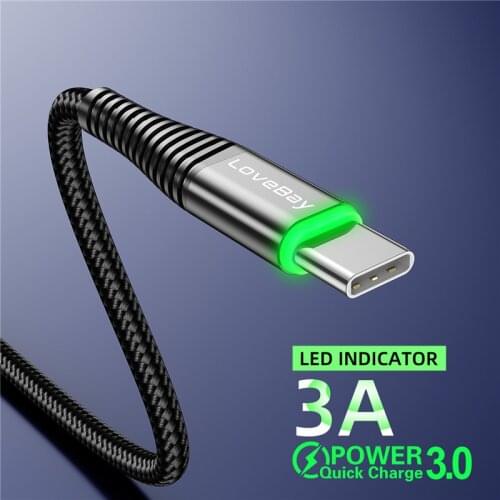 Lovebay LED 3A USB Type C Cable Quick Charge 3.0 for Samsung S10 Mobile Phone Charging Wire USB C Cable for Xiaomi Fast Charging