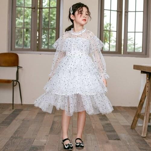 Sweet Girls Mesh Sheer Long Dresses Shine Star Sequin Mesh Long Sleeves Dress Teens Girls Party Christmas Dress Vestidos CL299