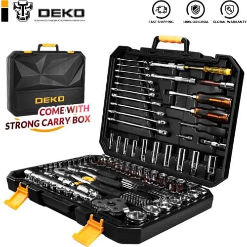 DEKO 140 Pcs Professional Car Repair Tool Set Auto Ratchet Spanner Screwdriver Socket Mechanics Tools Kit W/ Blow-Molding Box