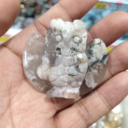 Natural Crystal Carving Handmade Natural Cherry Blossom Agate Healing Reiki Owl Figurine For Home Decora Owl Statue