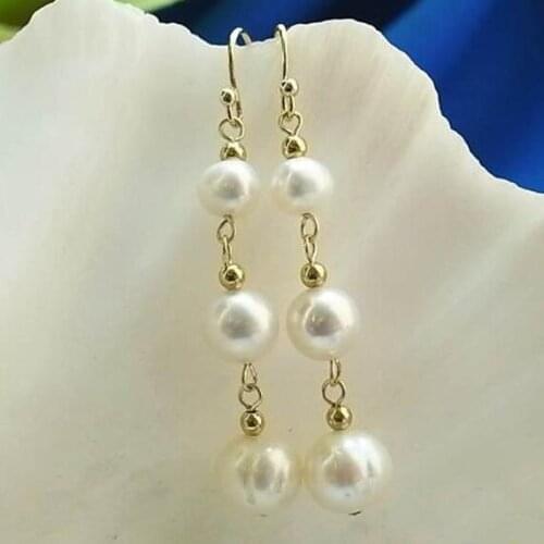 New Favorite Pearl Jewelry 8-11mm White Round Freshwater Pearl 14k/20 Gold Dangle Earrings Birthday Party For Lady Gift