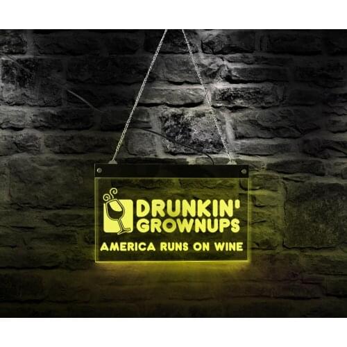 Drunkin' Grownups America Runs On Wine LED Illuminated Display Man Cave Decor Dunkin Donut Pun Multi-color USB Night Light Board