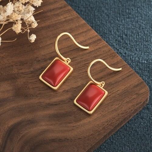 Simple Red Stone Earrings for Women Chinese Ethnic Dangle Earrings for Female Korean Fashion Jewelry Girls Gift M4