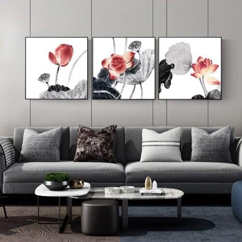 EECAMAIL Diamond Painting Triptych New Chinese-style Plaster Cross Stitch Ink Lotus Flower Elegant Rhyme Tea Room Diamond Embroi