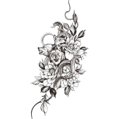 Wolf Pack Snake Animal Temporary Tattoo Sticker Black Flower Leaves Fake Tattoos Waterproof Tatoos Arm Large Size for Women Girl