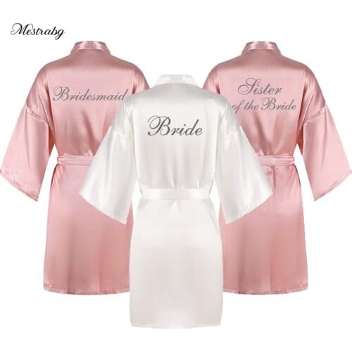 Dusty pink robes women silver writing party bride dressing gown satin silk short wedding gift bridesmaid team bride bathrobe