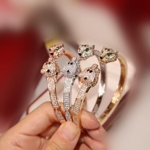 Green Eyes Leopard Cuff Bangle Paved AAA Zircon Panther Animal Design Women Cuff Bracelet Jewelry