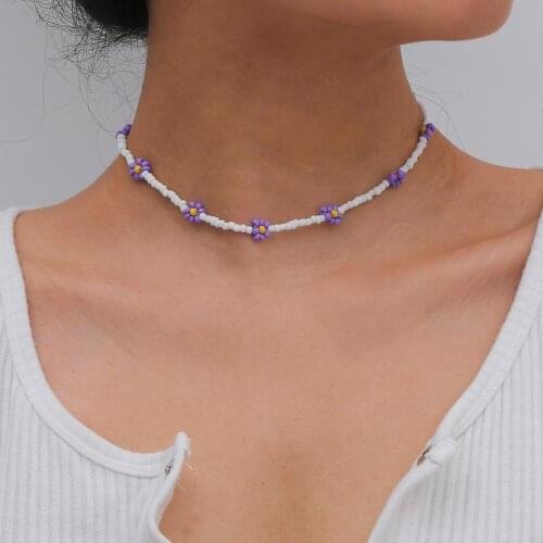 Bohemian Colorful Seed Beads Small Daisy White Beaded Necklace Statement Choker Clavicle Chain Womens Holiday Banquet Jewelry