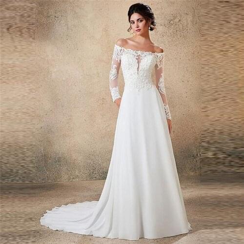 Long Sleeves Bateau Neck Lace Appliques A-Line Wedding Dress Chiffon Skirt Bridal Gowns Buttons Back Robe De Mariee 2020