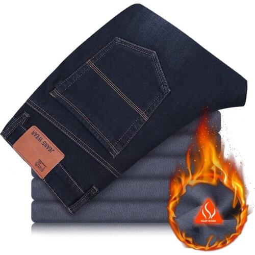 2021 Winter Brand High Quality Stretch Loose Straight Oversized Jeans Young Mens Fathers Fleece Thick Warm Jeans Size 44