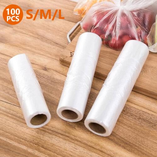 100PCS Transpare Roll Fresh-keeping Plastic Bags of Vacuum Food Saver Bag 3 Sizes Food Storage Bags with Handle Keep Fresh