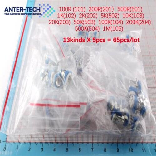65pcs/lot RM063 Trimmer Potentiometer Adjustable Resistor Kit 500R 1K 5K 10K 20K 50K 100K 200K 500K 1M RM-063 Variable Resistors