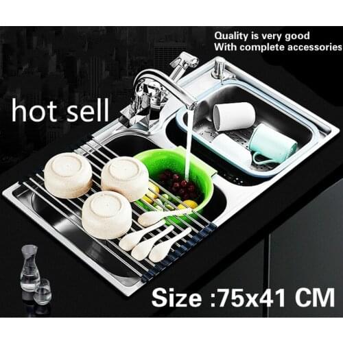 Free shipping Hot sell household multifunction vogue kitchen double groove sink food-grade 304 stainless steel 75x41 CM