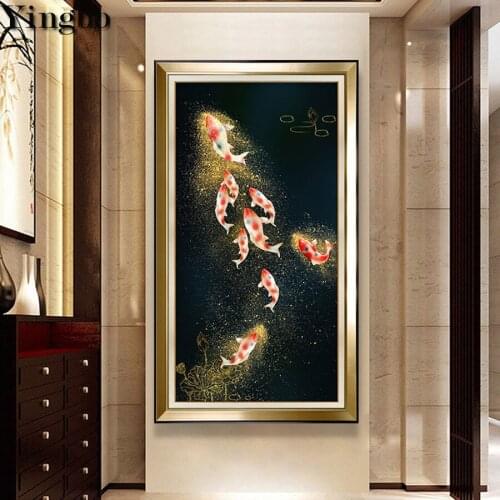 Large size 5D Round Diamond Painting Nine fish Lucky landscape Full Square Drill Embroidery Mosaic Cross Stitch Handmade Gift