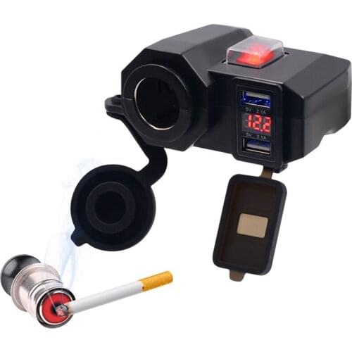 Black Motorcycle Cigarette Lighter Socket Outlet Dual USB Charger LED Voltmeter+Switch High Quality Accessory Modification Part