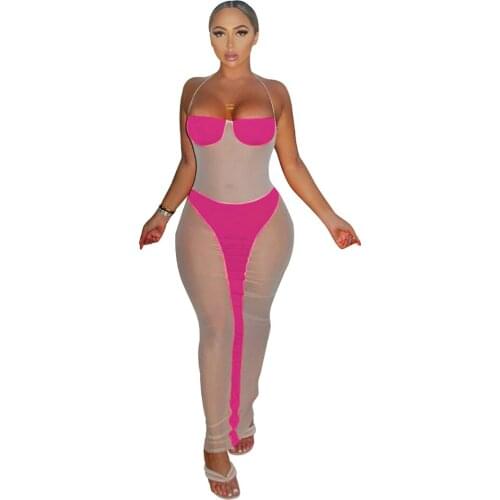 JRRY Sexy Women Long Dress Halter Backless Spaghetti Strap Gauze Transparent Bodycon Dress Patchwork Solid Pattern Beach Wear