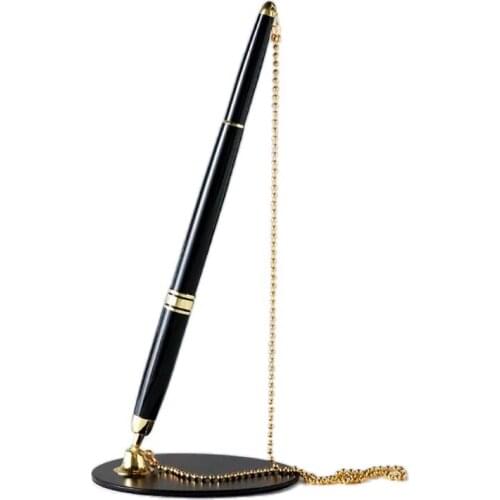 Classic Metal Ballpoint Pen Secure Chain Attached Base Stand Desk Office Counter Signature Pens Stationery Gift P82A