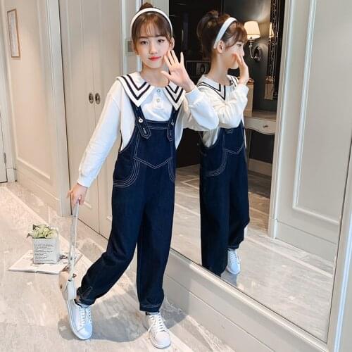 Good Girls Autumn Clothes Sets Cotton Tops Pants Bib Jeans Jumpsuit overalls for Big Children Girls 2021 New Kids two-piece Suit