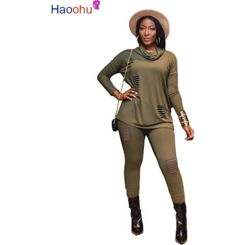 HAOOHU Loose Casual 2 Piece Sets Outfits Full Sleeve Hole Turtleneck Backless Split Top Slim Pants Women Set Suits Female