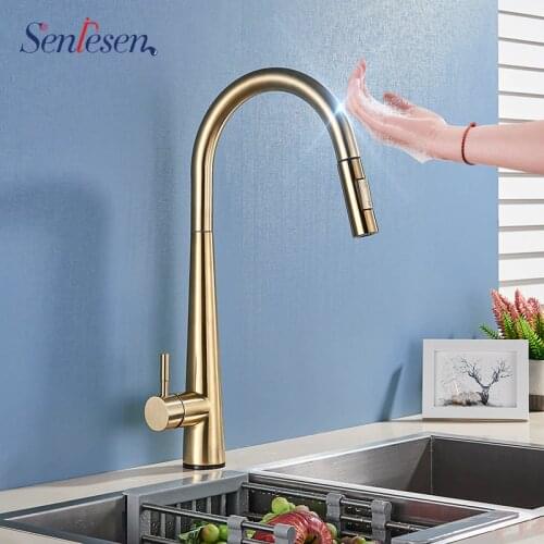 Senlesen Sense Kitchen Faucet Brushed Golden Pull Out Double Water Modes Brass Hot and Cold Water