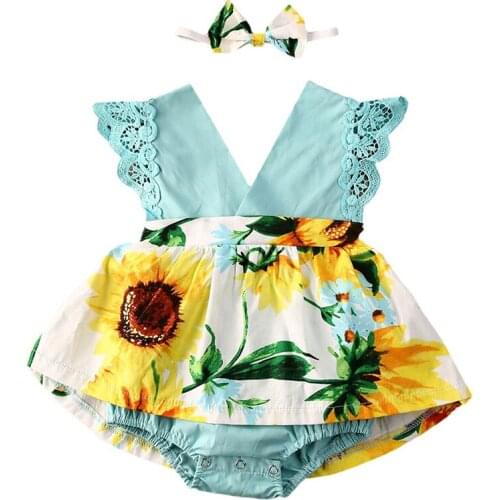 0-24M Summer Newborn Baby Girls V-Neck Rompers Sunflowers Print Ruffles Lace Sleeve Jumpsuits Dress+Headband
