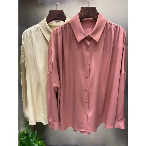 Fashion ladies 2021 new long sleeve sexy casual solid color pleated silk shirt 1219
