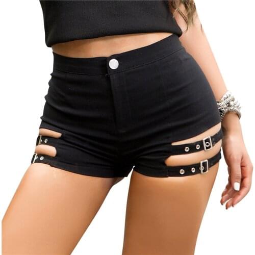 2021 Fashion Trend Womens Sexy Stretch Shorts Casual High Waist Cut Out Metal Holes Buckle Decor Short Trousers Summer Jeans