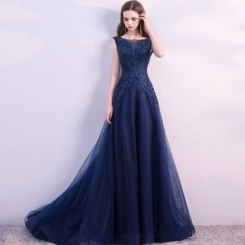 Custom-made Navy Blue Evening Dress Elegant Beaded Appliques Tulle A-line Lace-up Back Women Formal Prom Dress Long