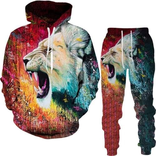 Autumn Tracksuit Mens Digital 3D Lion King Print Mens Hoodie Long-Sleeved sweater + Pants Sets Mens Sportswear Mens Suit