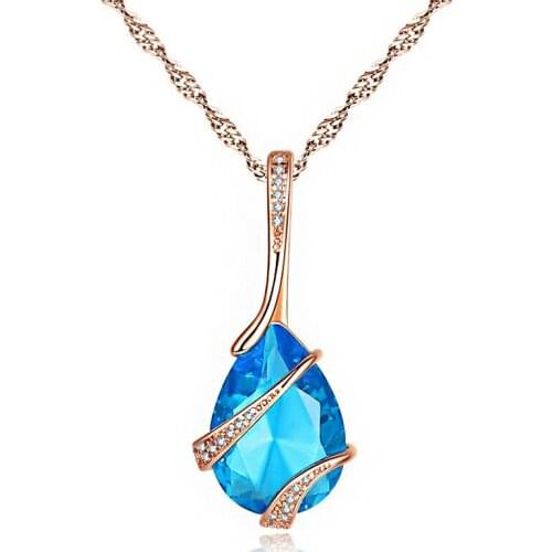 Luxurious Blue Water Drop Crystal Zirconia Pendant Necklaces Rose Gold Silver Color Fashion Wedding Party Jewelry Gift for Women