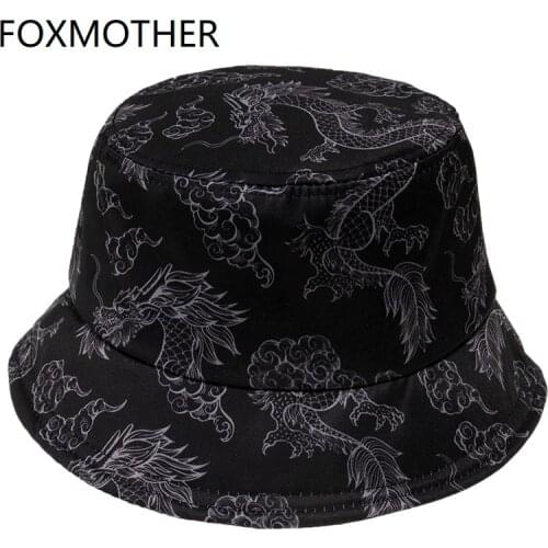 FOXMOTHER New Punk Fashion Spring Summer Black Dragon Bucket Hat Hip Hop Panama Gorras Mens Dropshipping Fishing Caps 2021
