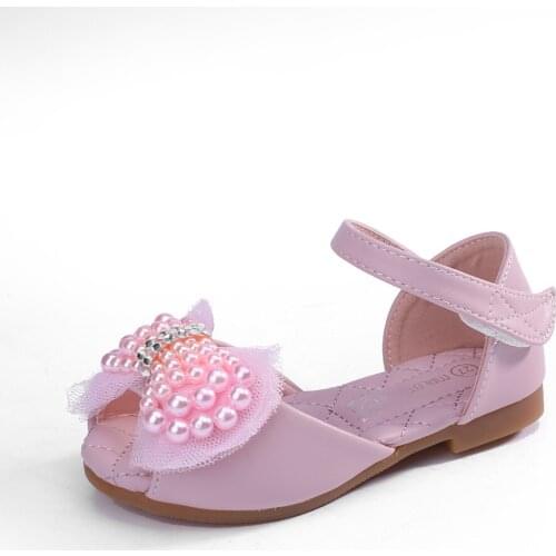 Girls PeepToe Microfiber Leather Flat Heel Sandals Flower Girl Shoes With Beading Bowknot Hollow-out Children Shoes