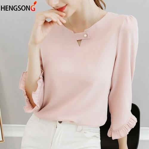 Spring summer sleeved chiffon blouse solid fashion pearl korean fashion women blouse slim female lady shirts tops