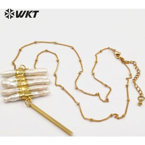 WT-N1124 Natural Wild Coast Jewelry Freshwater Pearl With Gold Trim In Middle Long Metal Post Drop Bohemia Gift For Her