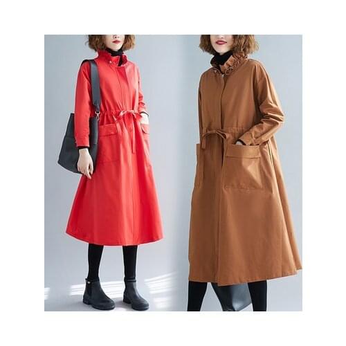 2021 Autumn Spring Lotus Mandarin Collar Long Trench Coat For Women Overcoat Loose Windbreaker Art Streetwear Wide-waisted Red