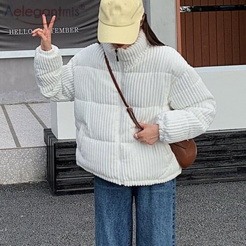 Aelegantmis Vintage Corduroy Thicken Warm Parkas Women 2021 New Korean Style Solid Fashion Jackets Female Winter Cute Coats Chic