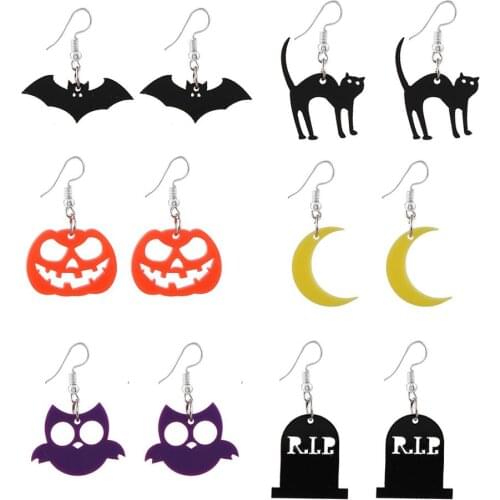 Halloween Acrylic Earrings for Women Girls Black Cat Half Moon Bat Ghost Dangle Earrings Mini Female Party Club Fashion Jewelry