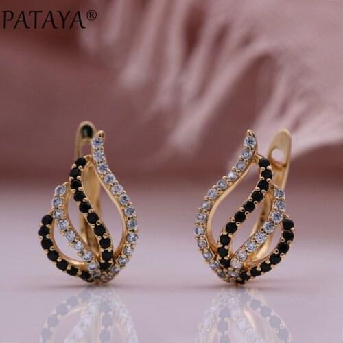 PATAYA New Unique Black White Natural Zircon Earrings 585 Rose Gold Women Hollow Drop Earrings Bridal Wedding Fashion Jewelry