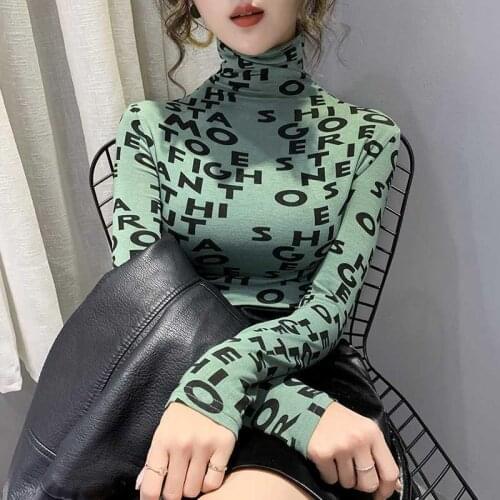 Women Elegant Half-high Neck Pullover Long-sleeved Tshirt Female Fashion Print T-shirt Slim All-match Harajuku Autumn Winter Top
