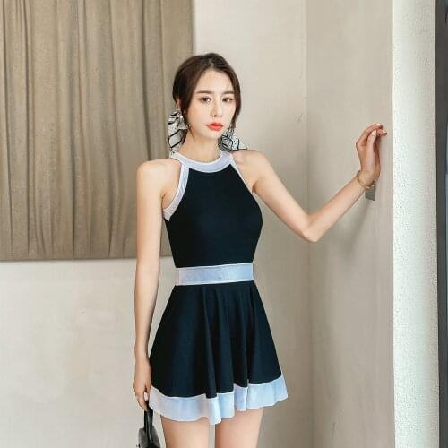 Sleeveless Swimsuit Women Black White Patchwork Swimwear One Piece Korean Style Bathing Suit Hollow-out Skirt with Pads Monokini