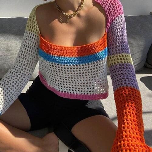 Y2k Hollowed Out Knitted Crop Top Women 2021 Long Sleeve Patchwork Retro Streetwear Beach Casual Sexy Short Top Women Summer