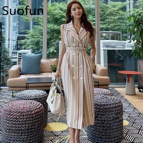 Suofun Casual Large Size Striped Double Breasted Turn-down Collar Best Sleeveless England Style 2021 New Autumn Women Dress