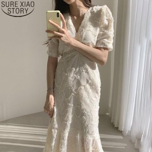 Ruffles New Vintage Plus Size V-Neck Women Dress Summer Lace-Up Puff Sleeve Party Korean Dresses Elegant Long Dress Robes 13815