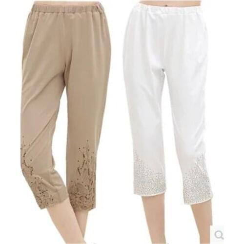 2017 Middle-aged and old women tall waist 7 minutes of pants summer fashion womens clothing Large size 7 minutes of pants OK19