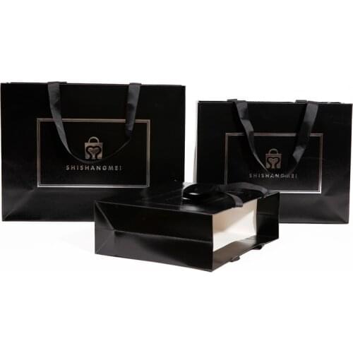Customized Competitive Price Elegant Cund Logo Luxury Boutique Shopping Black Paper Gift Paper Bags With Ribbon Handles