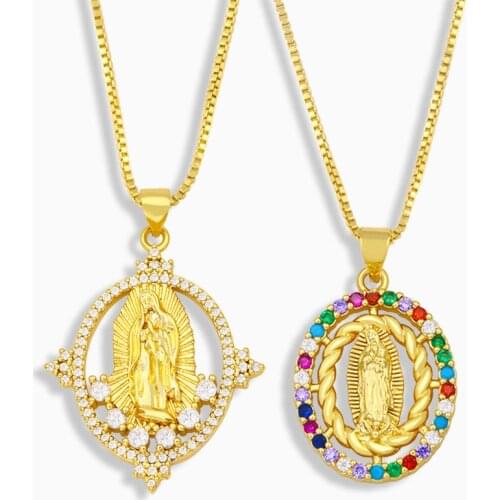FLOLA Gold Plated Virgin Mary Necklace For Women Oval Pendant Necklace CZ Zirconia Catholic Jewelry virgen de guadalupe nkeu97