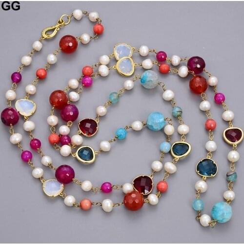 GuaiGuai Jewelry 56" Natural Cultured White Pearl Multi Color Agate Crystal Long Necklace