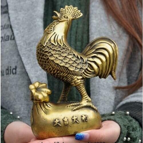 Chinese Bronze fengshui Zodiac Cock Rooster Chicken coins wealth statue