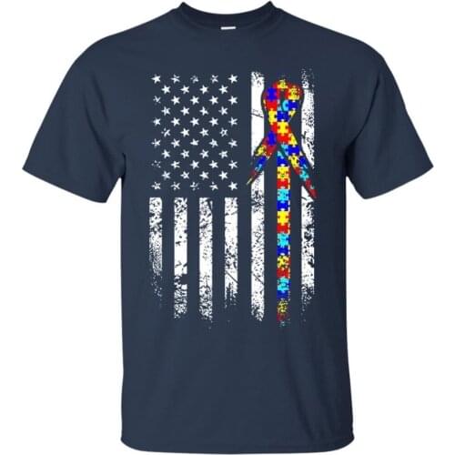 2019 Hot Sale New MenS Fashion Autism Awareness American Flag Distress Puzzle Autism Adult Pul Over Custom T Shirts Cheap